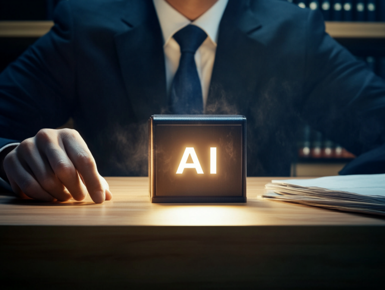 A business professional in a suit sitting at a desk with a glowing 'AI' sign, symbolizing artificial intelligence and its impact. A stack of legal documents is visible on the desk.