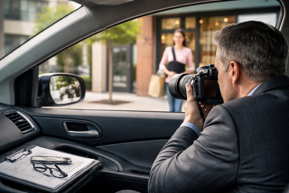 investigator surveilling a woman with an arm sling for an insurance claim